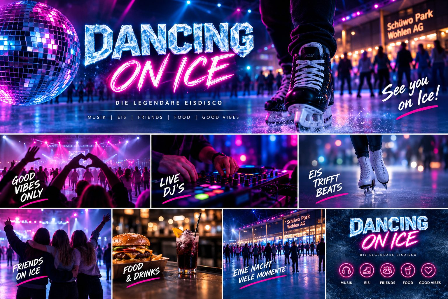 Werbebanner der Eisdisco DANCING ON ICE mit Live-DJs, Food und Drinks