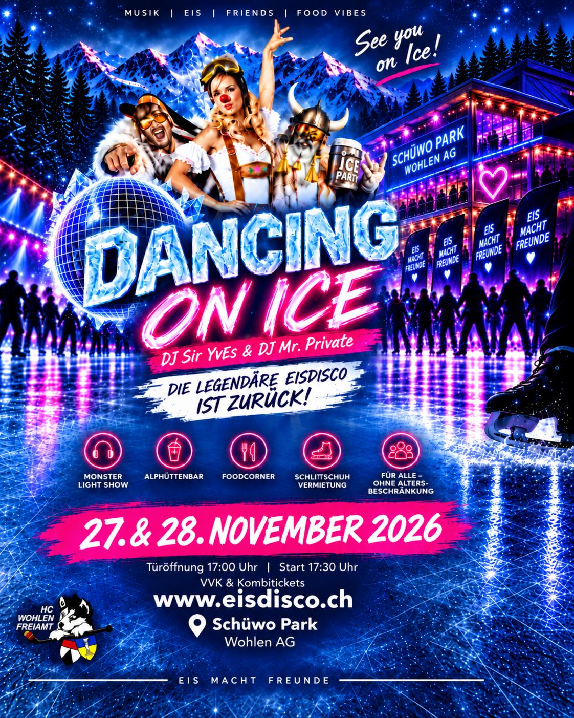 Plakat der Eisdisco DANCING ON ICE am 27. und 28. November 2026 im Schüwo Park Wohlen