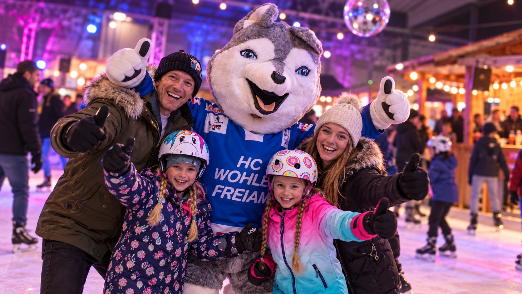 Familie mit den Maskottchen des HC Wohlen Freiamt an der Eisdisco