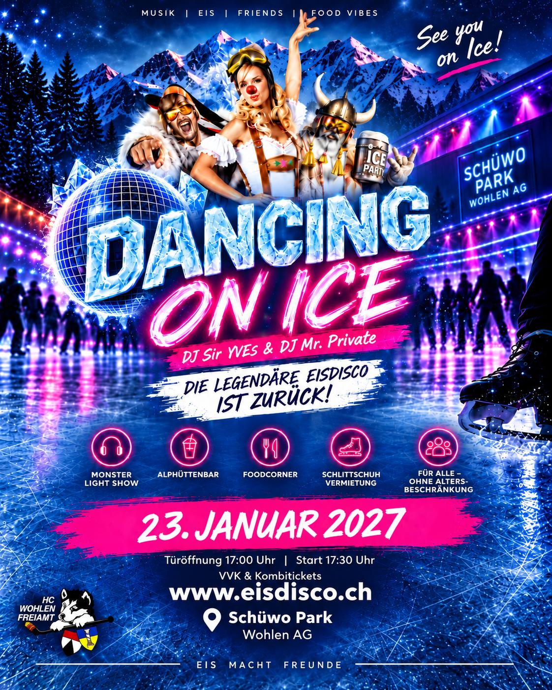 Plakat der Eisdisco DANCING ON ICE am Samstag, 23. Januar 2027 im Schüwo Park Wohlen